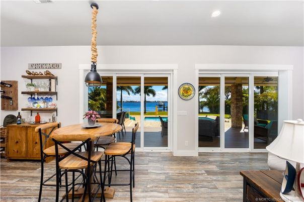 Dining room, Interior, Pendant Lights, Recessed Lighting, Water, Wood Texture Flooring