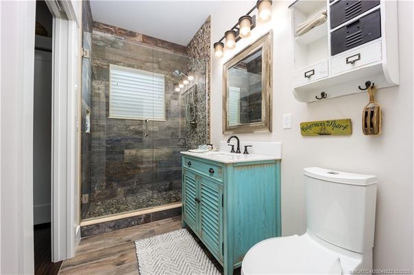 Bathroom, Glass Shower, Interior, Wood Texture Flooring