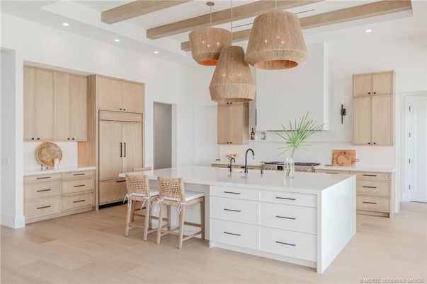 Interior, Kitchen, Pendant Lights, Recessed Lighting, Wooden Beams, Wood Texture Flooring