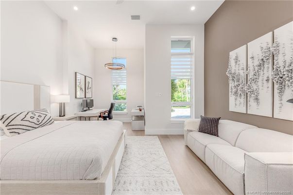 Bedroom, Interior, Pendant Lights, Recessed Lighting, Wood Texture Flooring