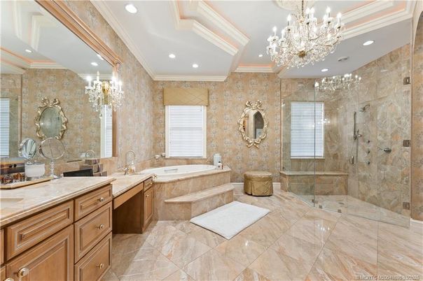 Bathroom, Chandelier, Dual Sink Vanities, Glass Shower, Interior, Recessed Lighting