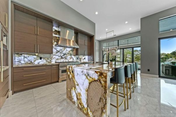 Chandelier, Interior, Kitchen, Marble, Recessed Lighting, Stainless Steel Appliances