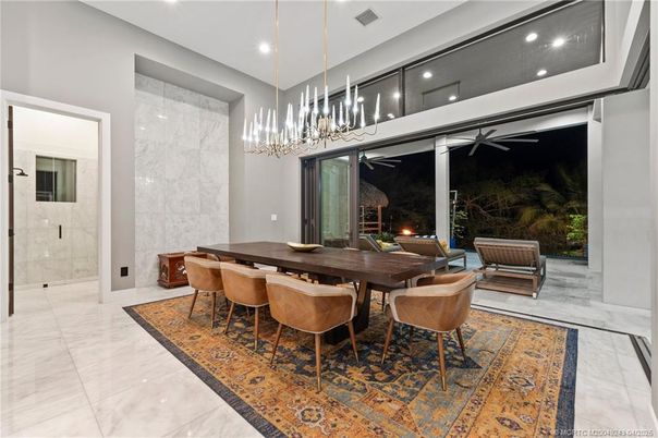 Chandelier, Dining room, Interior, Marble, Marble Walls, Pendant Lights, Recessed Lighting