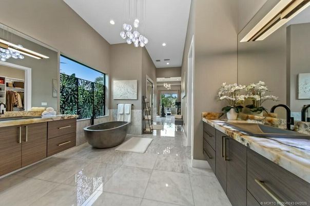 Bathroom, Dual Sink Vanities, Free Standing Baths, Interior, Marble, Pendant Lights, Recessed Lighting