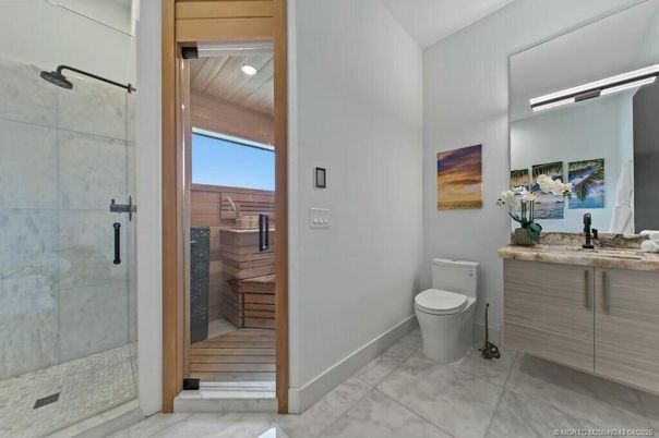 Bathroom, Glass Shower, Interior, Marble, Marble Walls, Recessed Lighting, Sauna Room