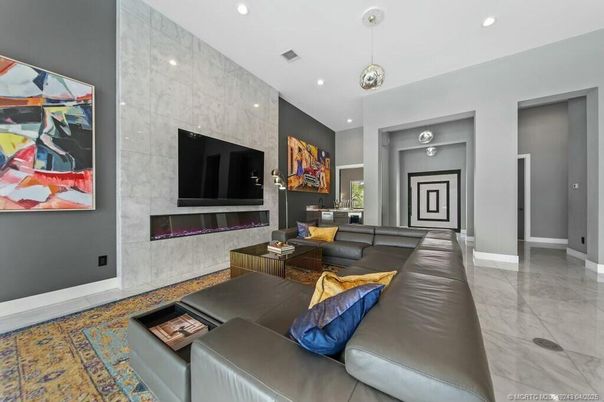 Fireplace, Interior, Living room, Marble, Pendant Lights, Recessed Lighting