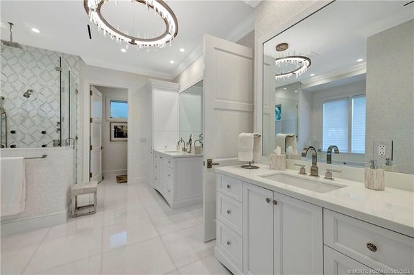 Bathroom, Chandelier, Dual Sink Vanities, Glass Shower, Interior, Recessed Lighting