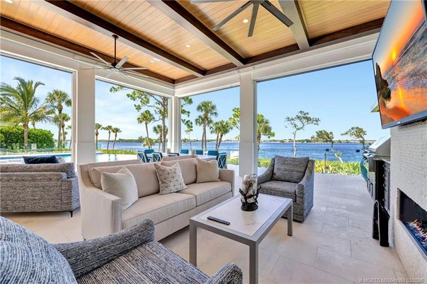 Fireplace, Interior, Living room, Recessed Lighting, Sun Room, Water, Wooden Beams, Wooden Ceilings