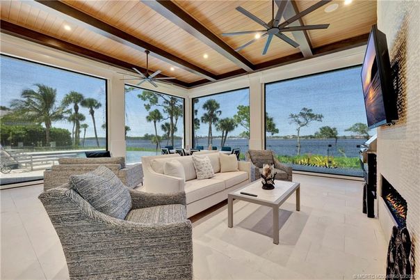 Fireplace, Interior, Living room, Recessed Lighting, Water, Wooden Beams, Wooden Ceilings