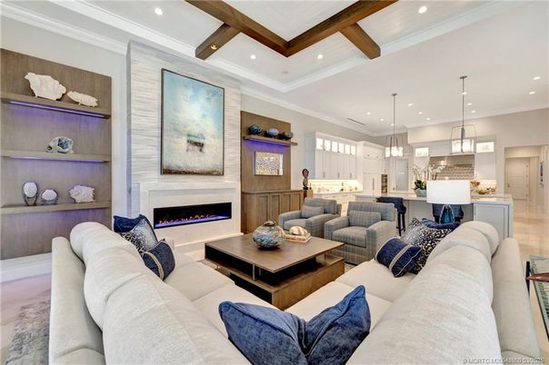 Fireplace, Interior, Kitchen, Living room, Pendant Lights, Recessed Lighting, Wooden Beams