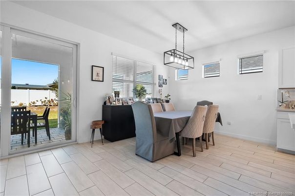 Dining room, Interior, Pendant Lights, Wood Texture Flooring