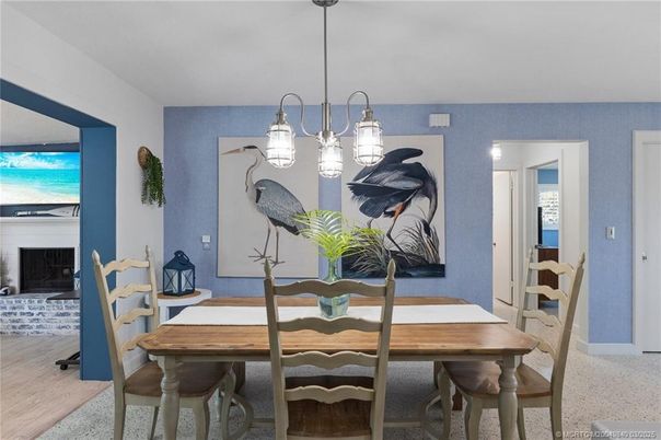 Dining room, Fireplace, Interior, Pendant Lights, Wood Texture Flooring
