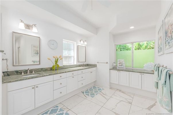 Bathroom, Dual Sink Vanities, Interior, Marble, Recessed Lighting