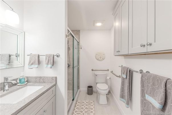 Bathroom, Glass Shower, Interior, Recessed Lighting, Wood Texture Flooring