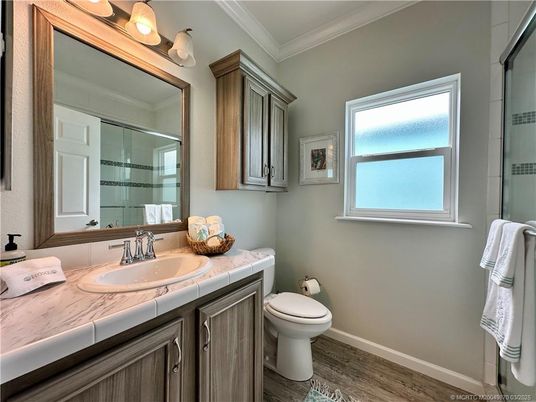 Bathroom, Interior, Tile Countertops, Wood Texture Flooring
