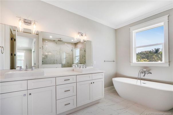 Bathroom, Dual Sink Vanities, Free Standing Baths, Interior, Marble, Marble Walls, Recessed Lighting