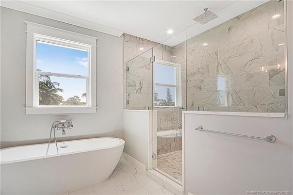 Bathroom, Free Standing Baths, Glass Shower, Interior, Marble, Marble Walls, Recessed Lighting