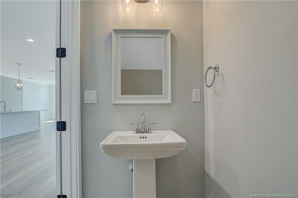 Bathroom, Interior, Pendant Lights, Wood Texture Flooring