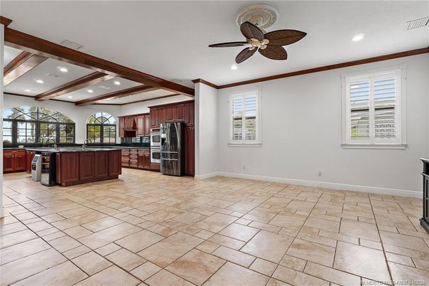 Interior, Kitchen, Recessed Lighting, Stainless Steel Appliances, Wooden Beams