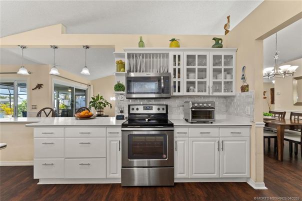 Interior, Kitchen, Pendant Lights, Stainless Steel Appliances, Wood Texture Flooring