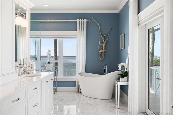 Bathroom, Dual Sink Vanities, Free Standing Baths, Interior, Marble, Recessed Lighting, Water