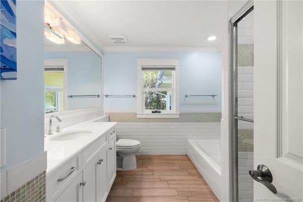 Bathroom, Interior, Recessed Lighting, Wood Texture Flooring