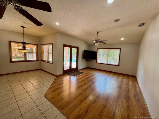Empty room, Interior, Pendant Lights, Recessed Lighting, Wood Texture Flooring