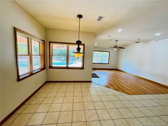 Empty room, Interior, Pendant Lights, Recessed Lighting, Wood Texture Flooring