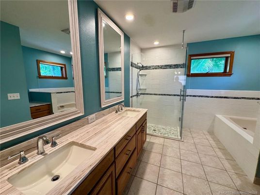 Bathroom, Dual Sink Vanities, Glass Shower, Interior, Recessed Lighting