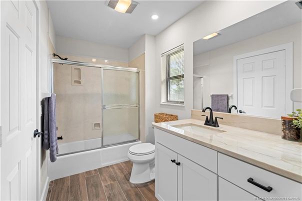 Bathroom, Glass Shower, Interior, Recessed Lighting, Wood Texture Flooring