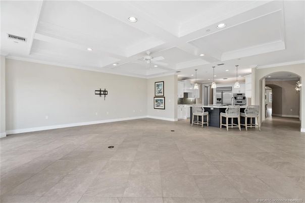 Empty room, Interior, Kitchen, Pendant Lights, Recessed Lighting, Stainless Steel Appliances