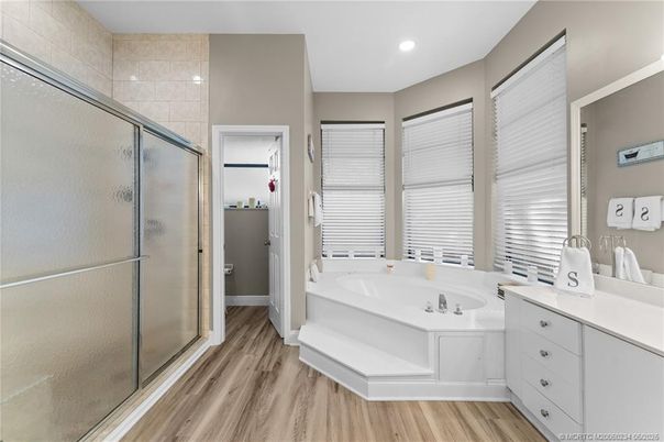 Bathroom, Glass Shower, Interior, Recessed Lighting, Wood Texture Flooring