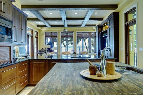 Interior, Kitchen, Recessed Lighting, Stainless Steel Appliances, Wooden Beams, Wood Texture Flooring
