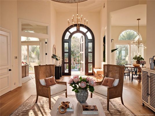 Dining room, Interior, Living room, Pendant Lights, Wood Texture Flooring