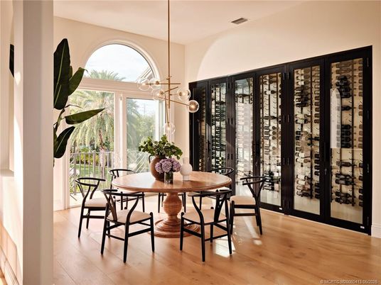 Dining room, Interior, Pendant Lights, Wine Storage, Wood Texture Flooring