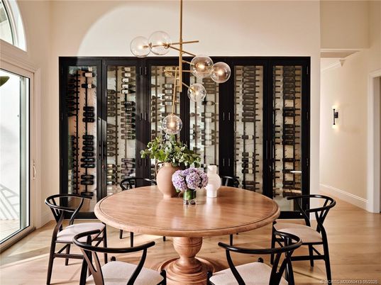 Dining room, Interior, Pendant Lights, Wine Storage, Wood Texture Flooring