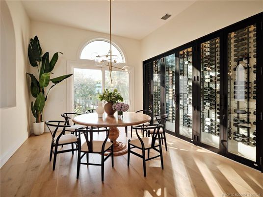 Dining room, Interior, Pendant Lights, Wine Storage, Wood Texture Flooring