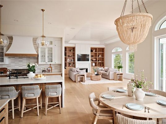 Chandelier, Dining room, Interior, Kitchen, Living room, Pendant Lights, Recessed Lighting, Wood Texture Flooring