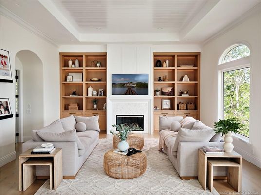 Fireplace, Interior, Living room, Recessed Lighting, Wood Texture Flooring