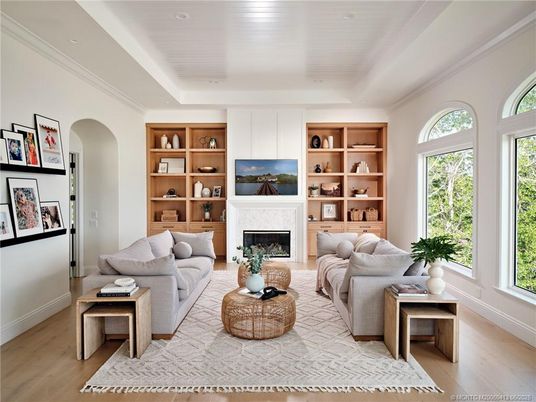 Fireplace, Interior, Living room, Recessed Lighting, Wood Texture Flooring
