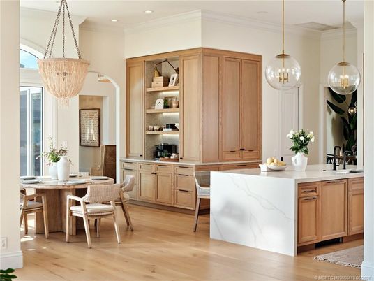 Dining room, Interior, Pendant Lights, Recessed Lighting, Wood Texture Flooring