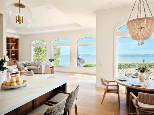 Dining room, Interior, Living room, Pendant Lights, Recessed Lighting, Water, Wood Texture Flooring
