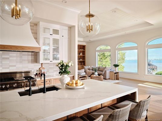Interior, Kitchen, Living room, Pendant Lights, Recessed Lighting, Stainless Steel Appliances, Water, Wood Texture Flooring