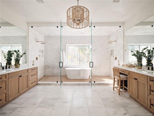 Bathroom, Chandelier, Dual Sink Vanities, Free Standing Baths, Glass Shower, Interior, Marble, Marble Walls