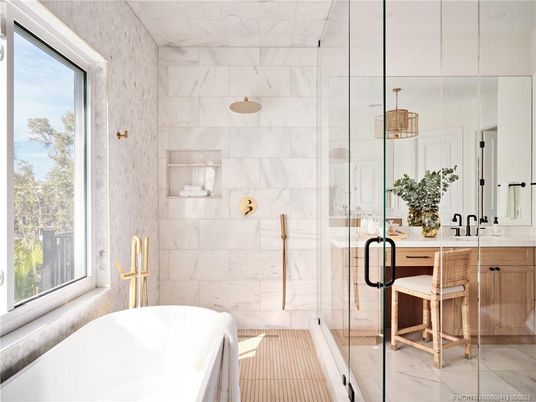 Bathroom, Free Standing Baths, Glass Shower, Interior, Marble, Marble Walls