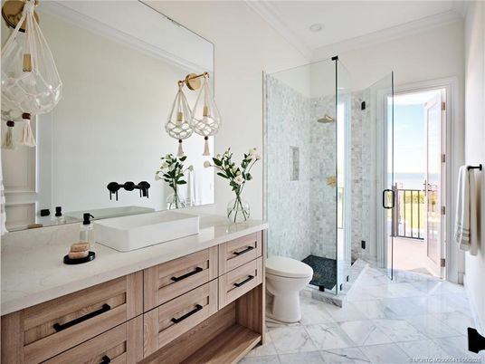 Bathroom, Dual Sink Vanities, Glass Shower, Interior, Marble, Pendant Lights