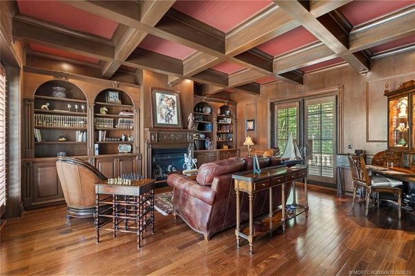 Dining room, Fireplace, Interior, Living room, Wooden Beams, Wood Texture Flooring