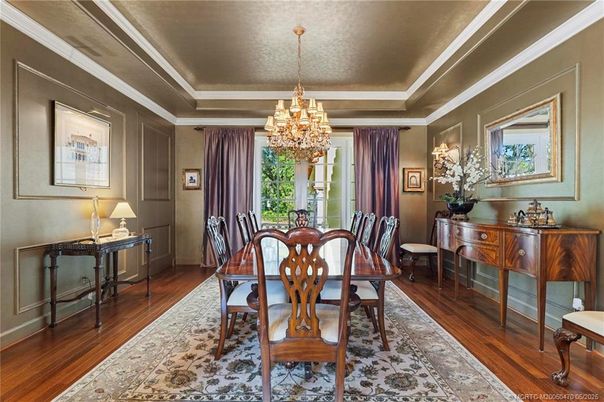 Chandelier, Dining room, Interior, Wood Texture Flooring