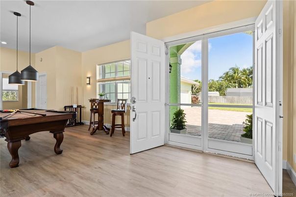 Billiard Table, Game Room, Interior, Pendant Lights, Wood Texture Flooring