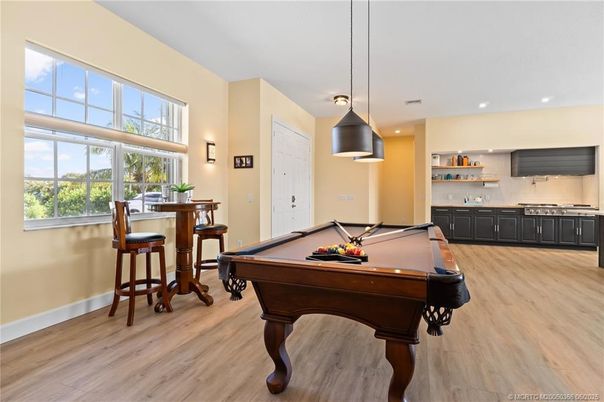 Billiard Table, Game Room, Interior, Pendant Lights, Recessed Lighting, Wood Texture Flooring